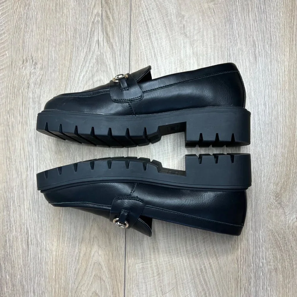 NWOB ESPIRIT Alina Horse Bit Loafers Black Faux Leather Y2K Chunky Sole Heel 7 - Picture 9 of 13